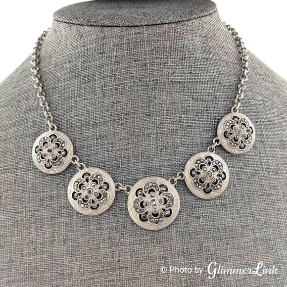 Trifari Floral Ornate Faux Marcasite Circles Silver Tone Necklace - Picture 3 of 13